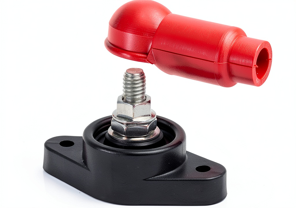 Blue Sea Systems 48V screw connector installed on a marine amplifier