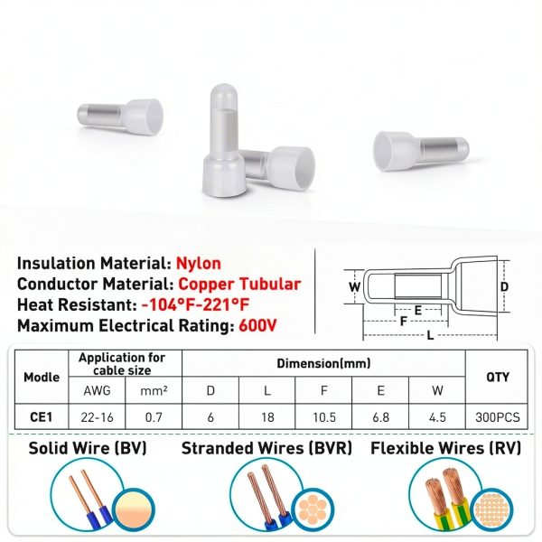 Nilight 300PCS 22-16# Crimp Terminals Copper Nylon Wire Connectors-1